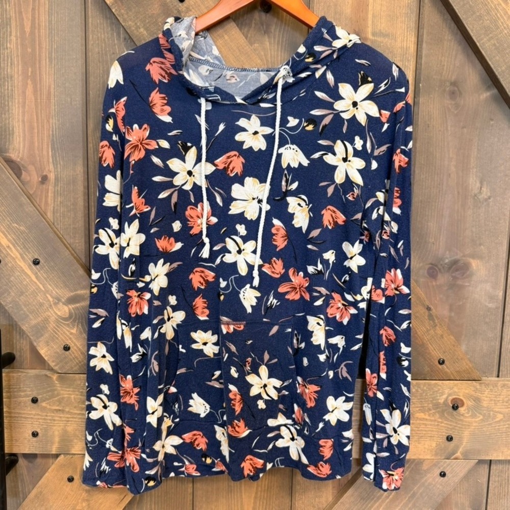 Hippie Chic Floral Hoodie Women Size S Blue Good Rayon Spandex Pullover BT2757